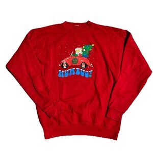 Vintage Red Christmas Sweatshirt Car Graphic Humbug‎ Santa Ugly Xmas Women's L